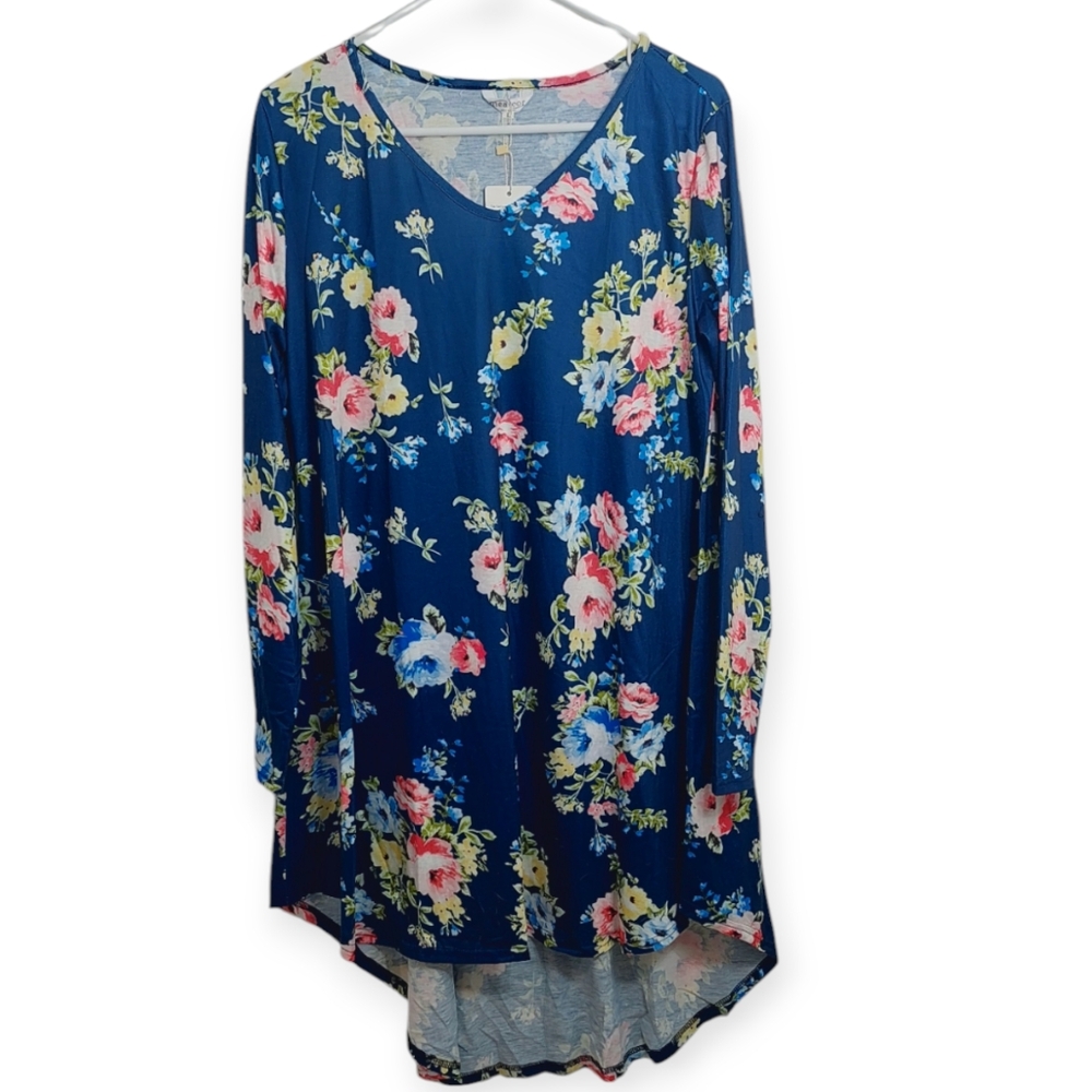 Meaneor Women's Size Large Dress Swing Blue Floral Hi-Lo V Neck
